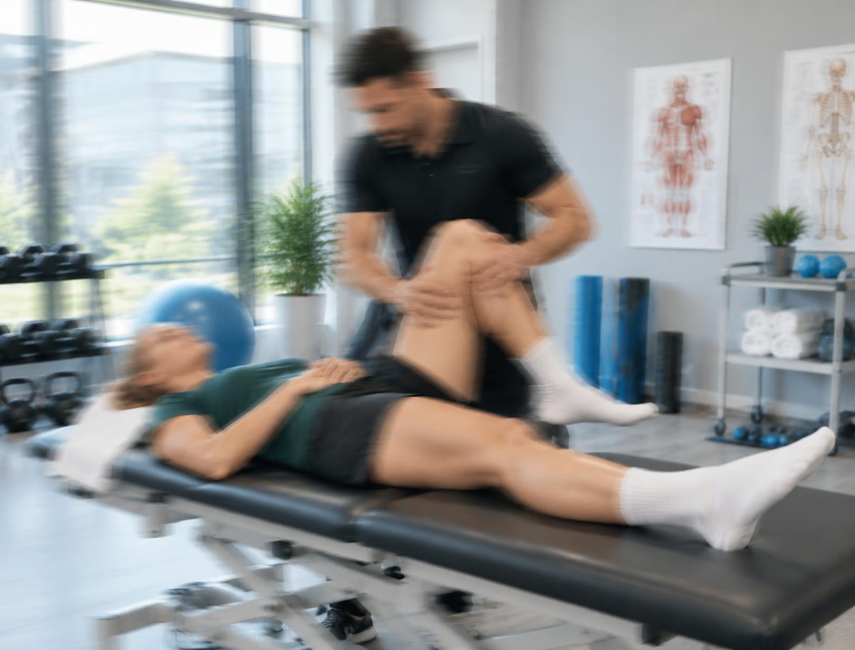 Kinesitherapeut behandelt de knie van een sporter